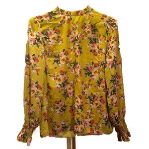 Dorothy Perkins Women Sz 12 Yellow Floral Keyhole Collar Blouse Elastic Sleeves